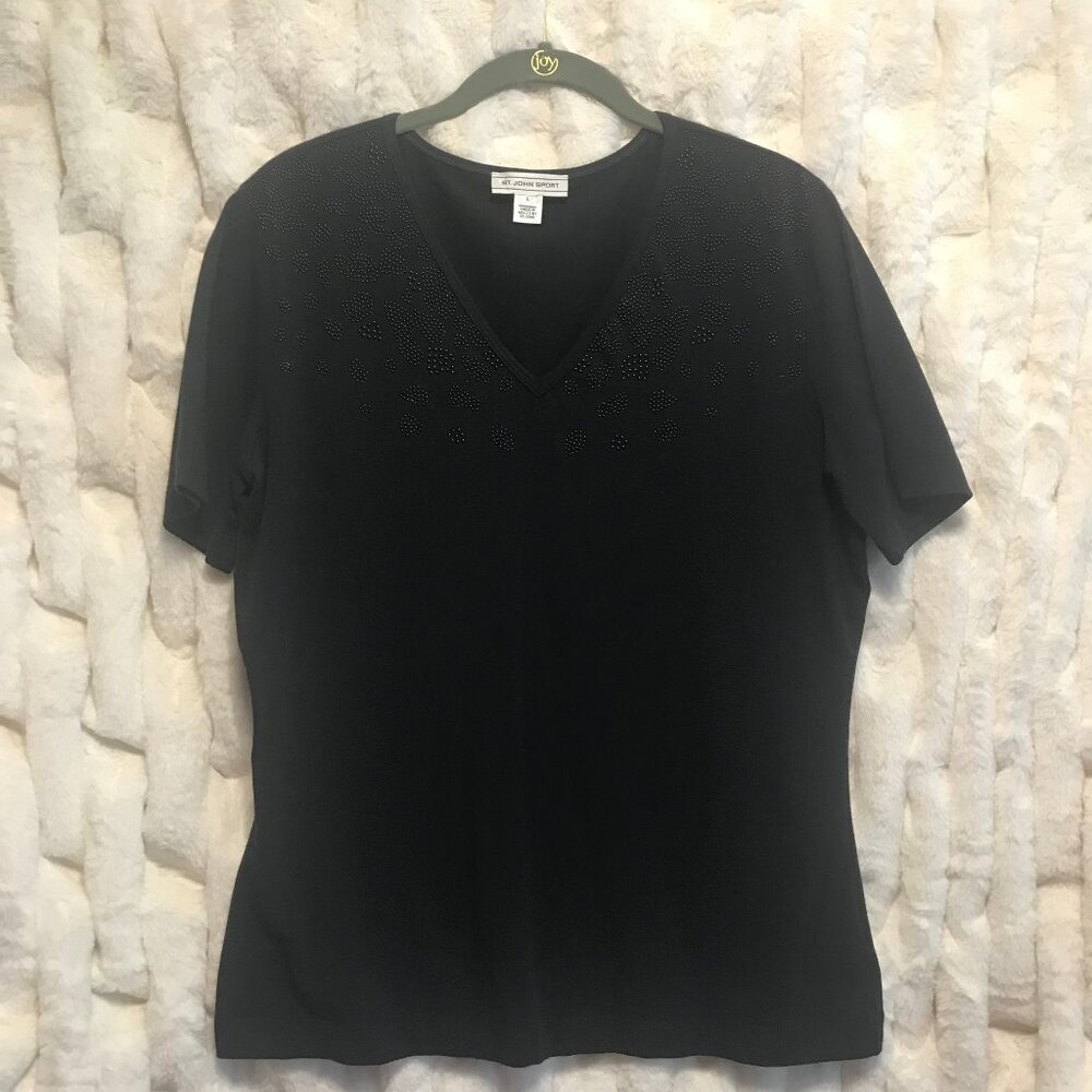 St. John Sport Black Beaded V-Neck Tee